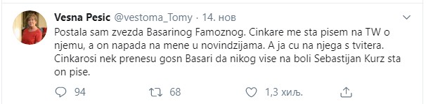 Jedan iz  ''serije'' tweetova Vesne Pešić o Basari